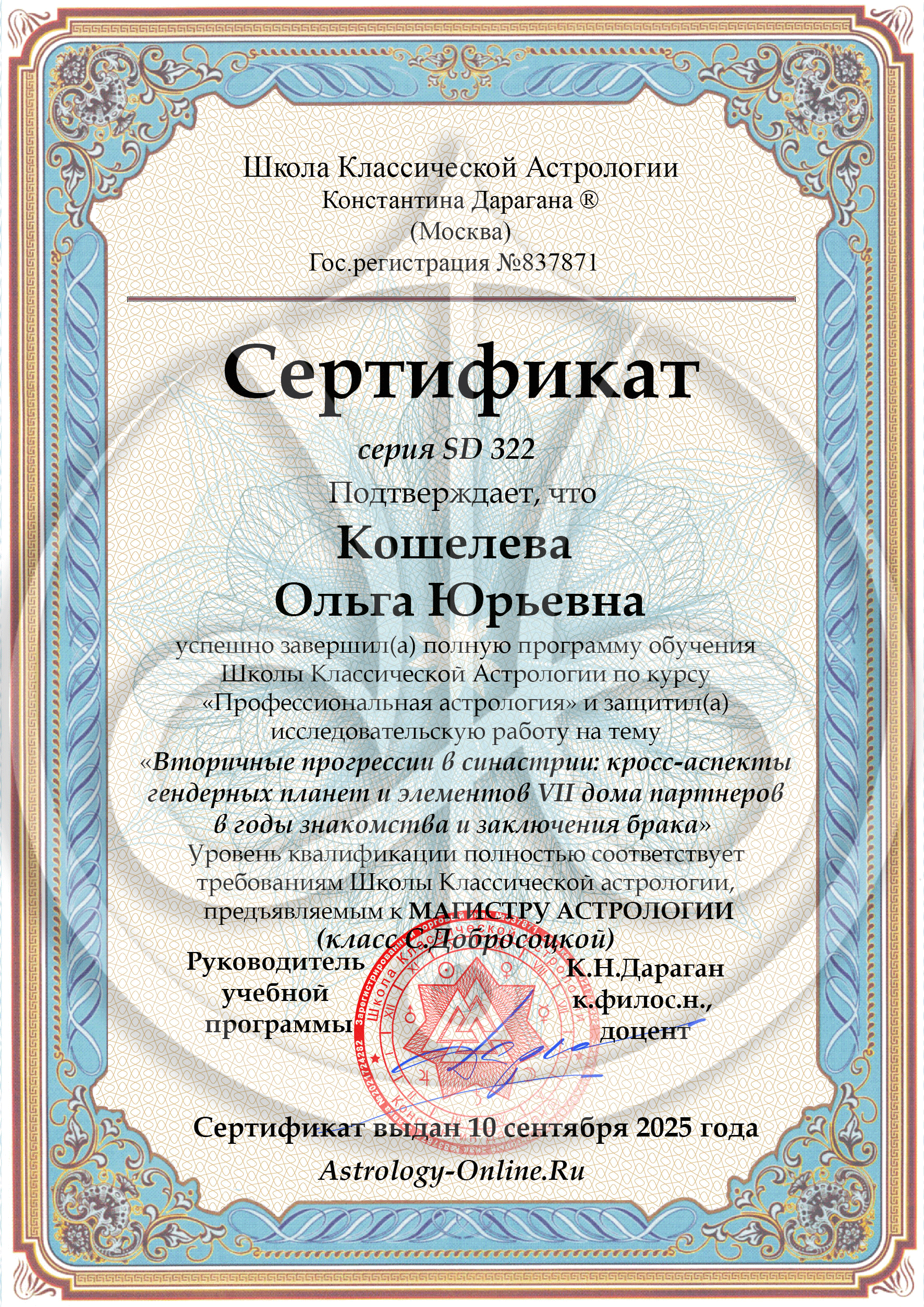 Ольга Кошелева certificate